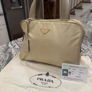 AUTHENTIC PRADA Tessuto nylon and leather tote bag in beige with dust bag & COA